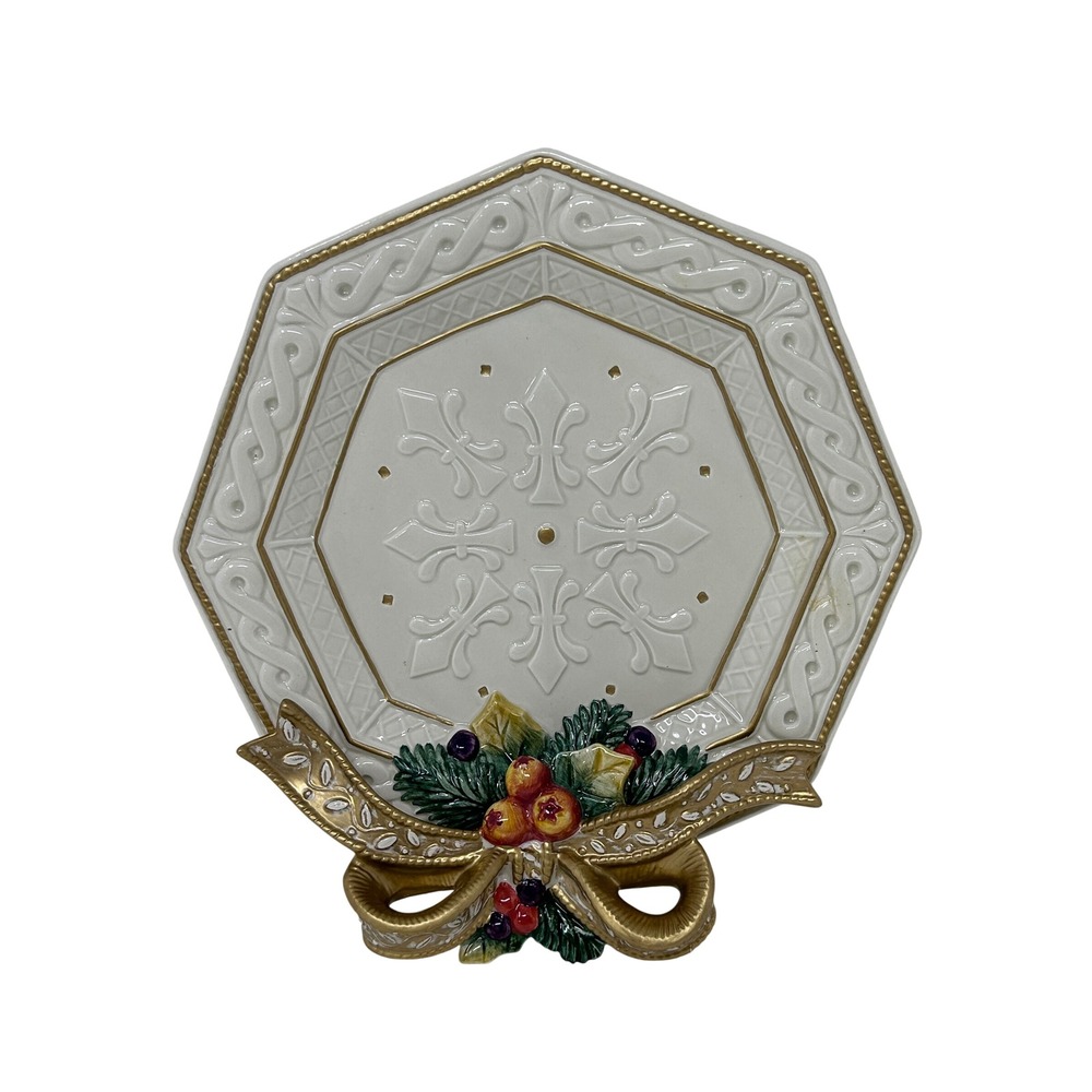 Fitz and Floyd Christmas Fleur De Lis Octagon Decorative Plate Gold Bow 9 inch